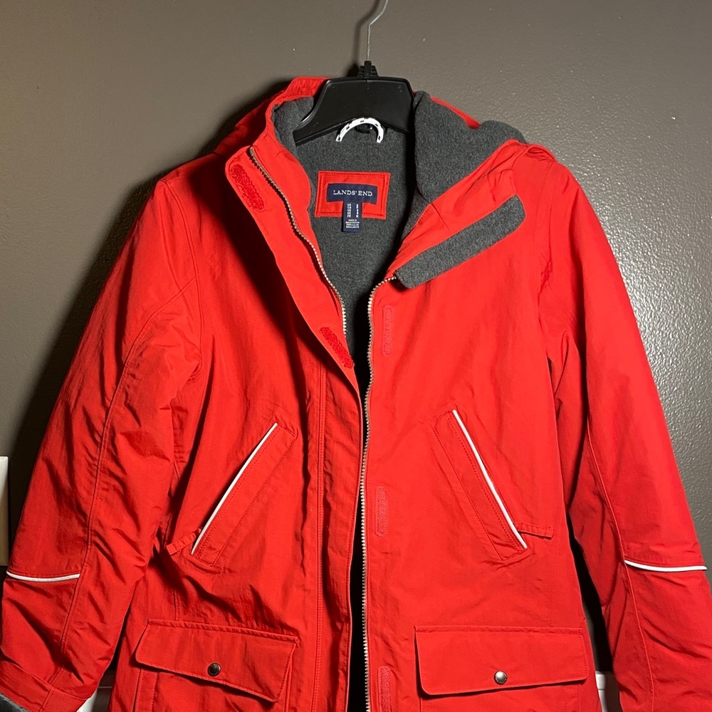 Lands' End Cozy 6 Pocket Red Jacket w/ Reflective Gray Accents